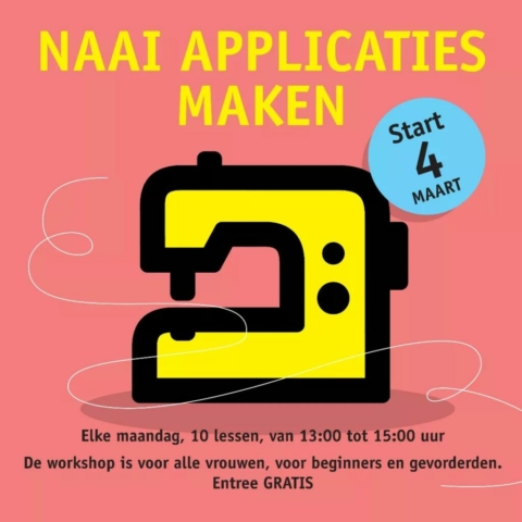 Vanaf 4 maart starten 10 gratis lessen: naai applicaties maken. Van 13:00-15:00.